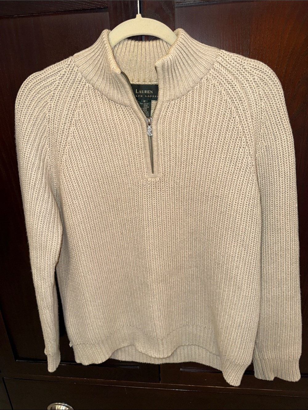 Lauren by Ralph Lauren 100% cotton quarter zip sweater beige medium